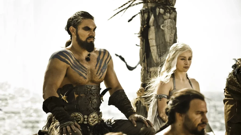 Jason Momoa and Emilia Clarke as Khal Drogo and Daenerys Targaryen in Game of Thrones (2011-2019)