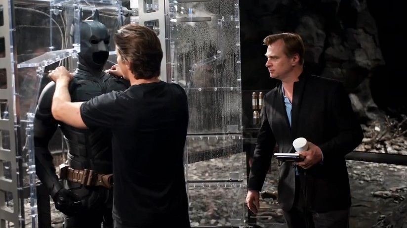 Christopher Nolan behind the scenes with Christian Bale on the sets of The Dark Knight