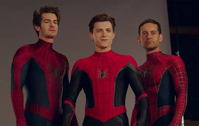 Andrew Garfield, Tom Holland, and Tobey Maguire as Spidermen