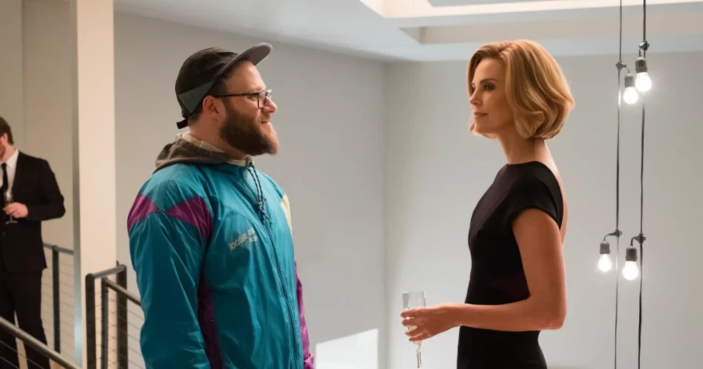 Seth Rogen and Charlize Theron in a still from Long Shot