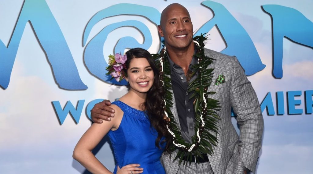 Dwayne Johnson and Auliʻi Cravalho at the premiere of Moana (2016).