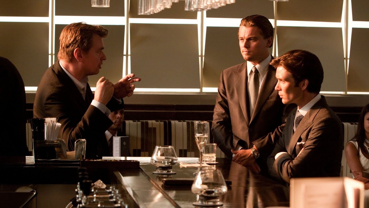 Christopher Nolan and Cillian Murphy along with Leonardo DiCaprio in a still from Inception