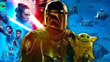 Star Wars: The Rise Of Skywalker poster, DIn Djarin's Mandalorian holding Grogu and, a still from Battle of Exegol