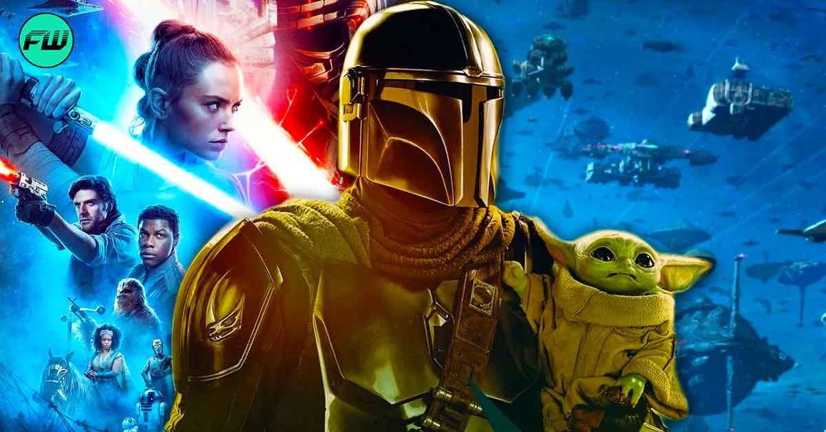 Star Wars: The Rise Of Skywalker poster, DIn Djarin's Mandalorian holding Grogu and, a still from Battle of Exegol