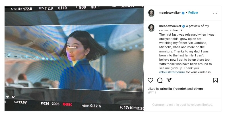 Meadow Walker thanks the Fast and Furious franchise. Pic credit: Official Instagram account of Meadow Walker