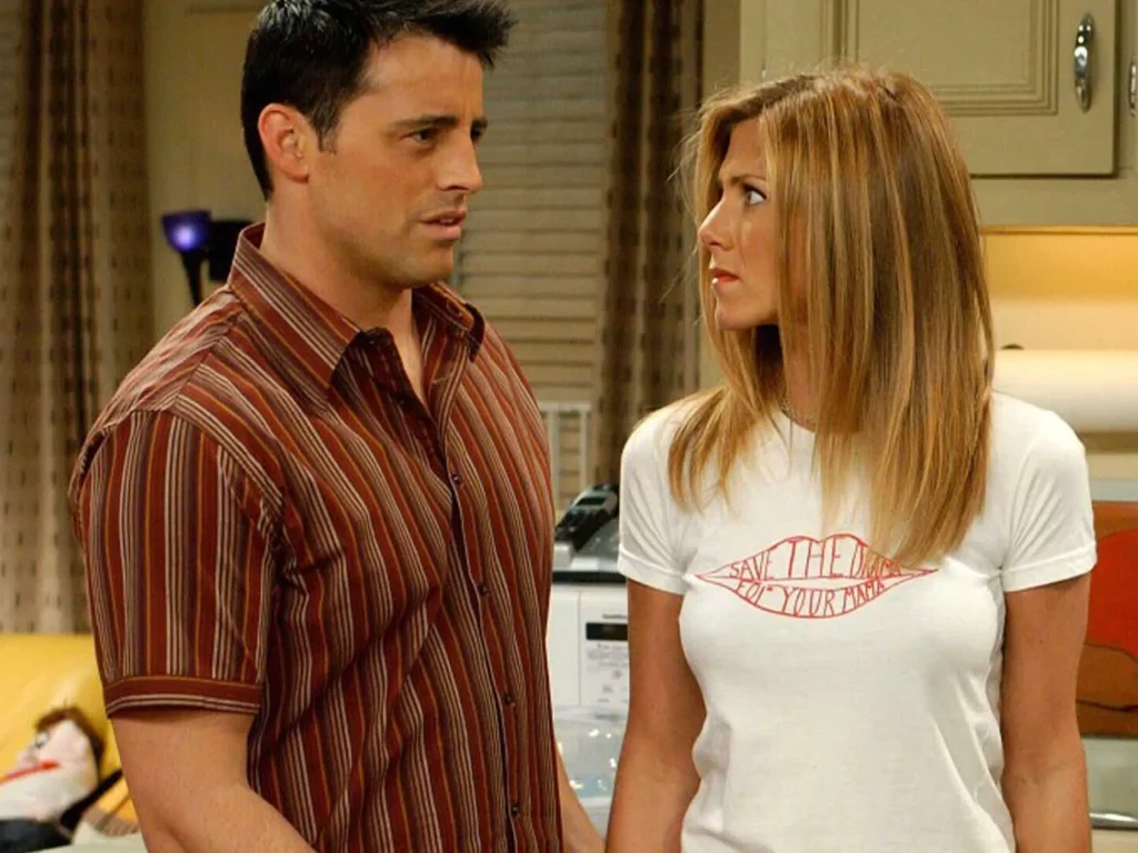 Matt LeBlanc and Jennifer Aniston as Rachel Green and Joey Tribbiani in Friends