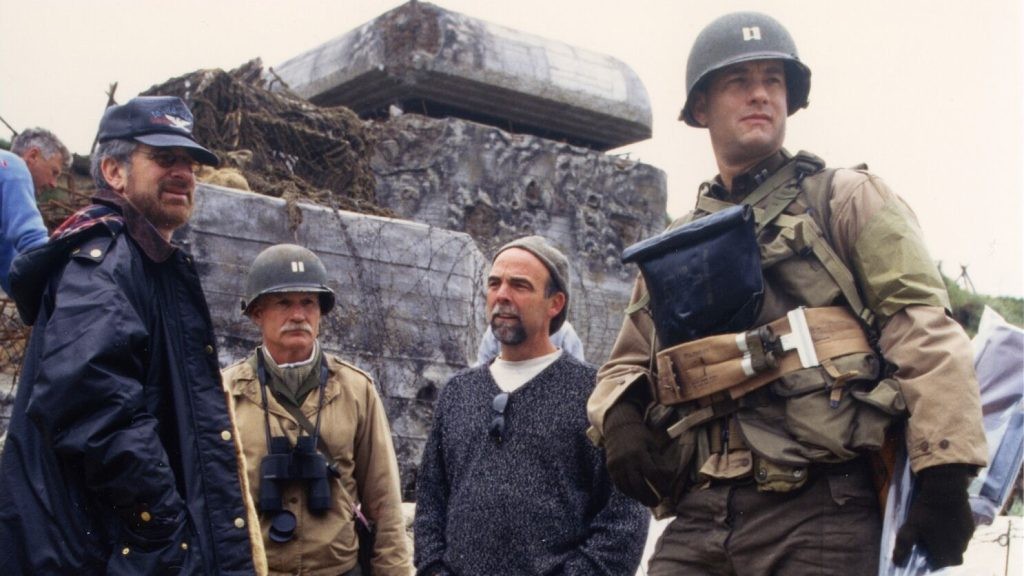 Steven Spielberg on the sets of Saving Private Ryan with Tom Hanks