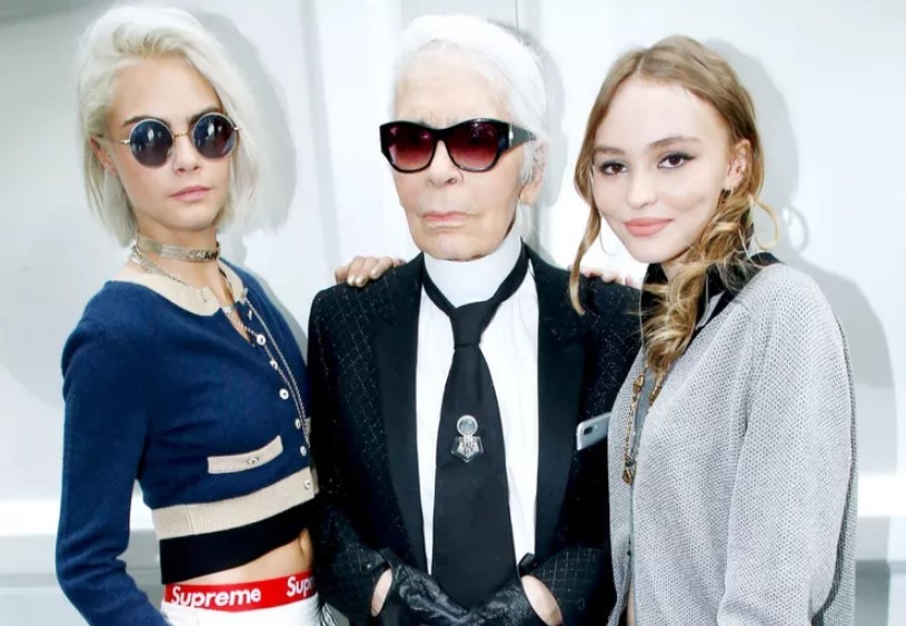 Lily-Rose Depp And Cara Delevingne with Karl Lagerfeld