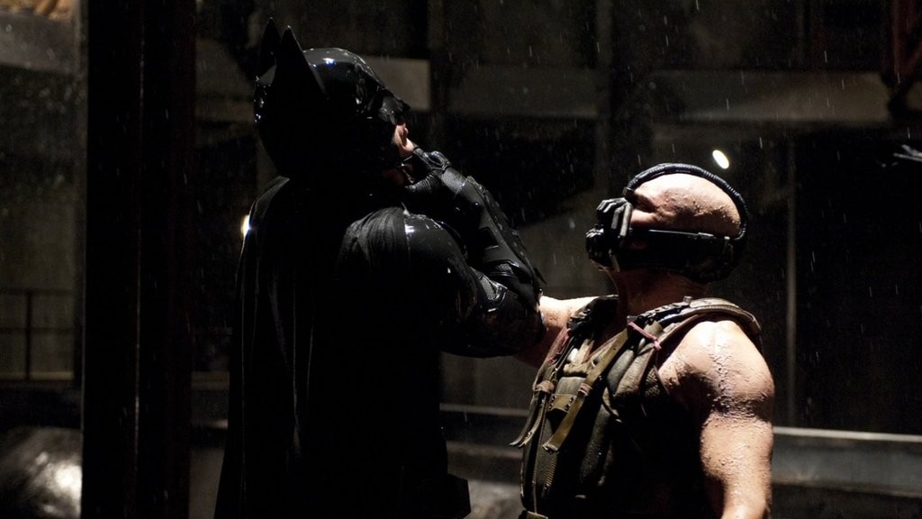 Tom Hardy and Christian Bale in The Dark Knight Rises in a behind the scenes photo