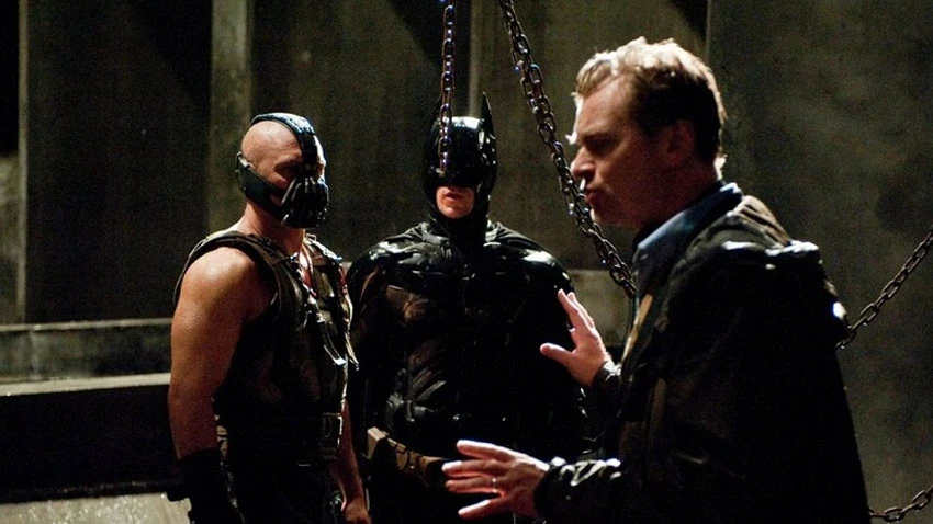 Christopher Nolan with Tom Hardy and Christian Bale on the set