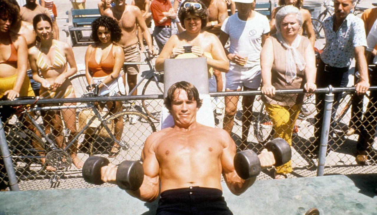 Arnold Schwarzenegger trains for Mr. Olympia in 1974