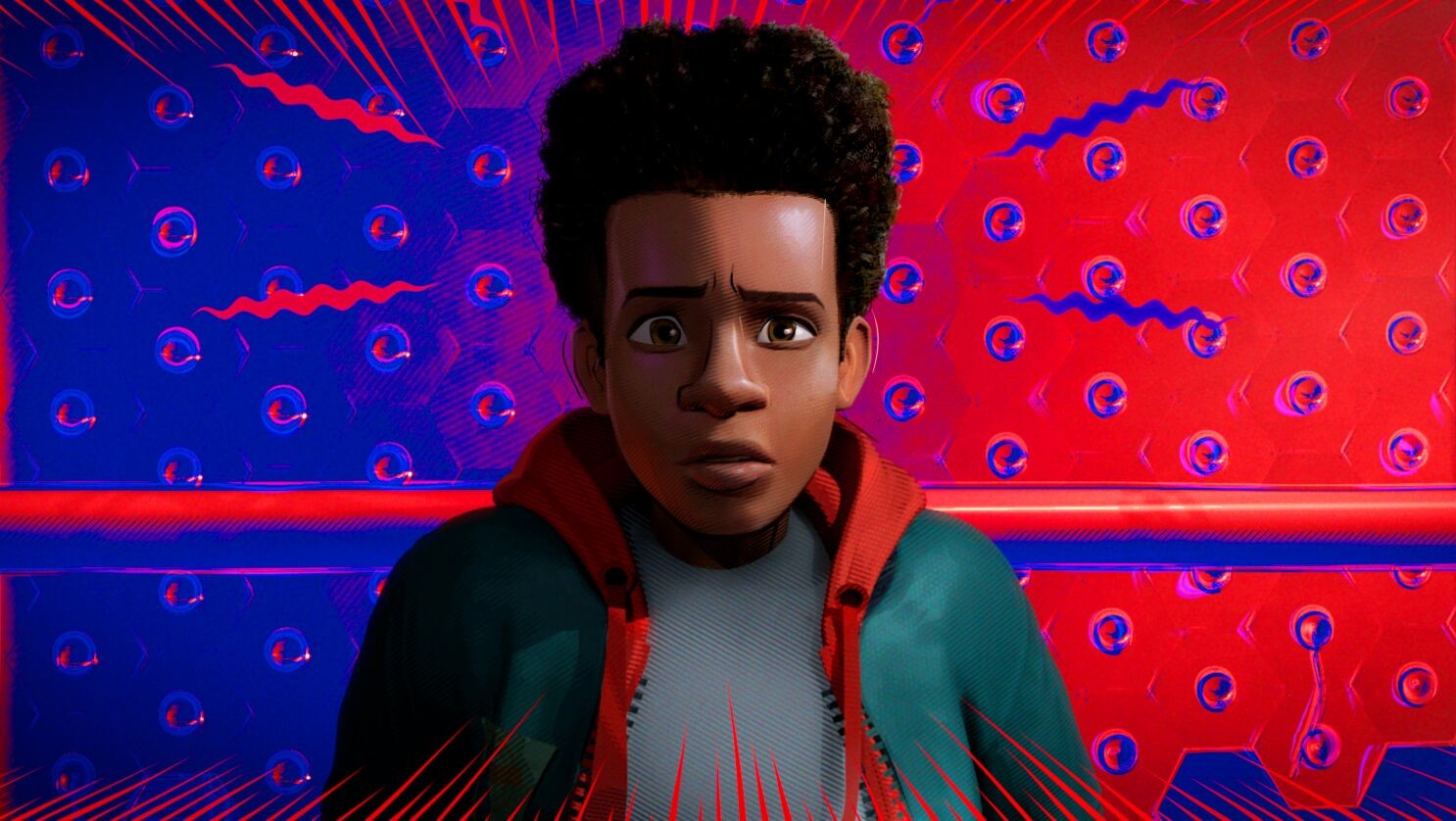 Miles Morales, voiced by Shameik Moore, in Spider-Man: Into the Spider-Verse