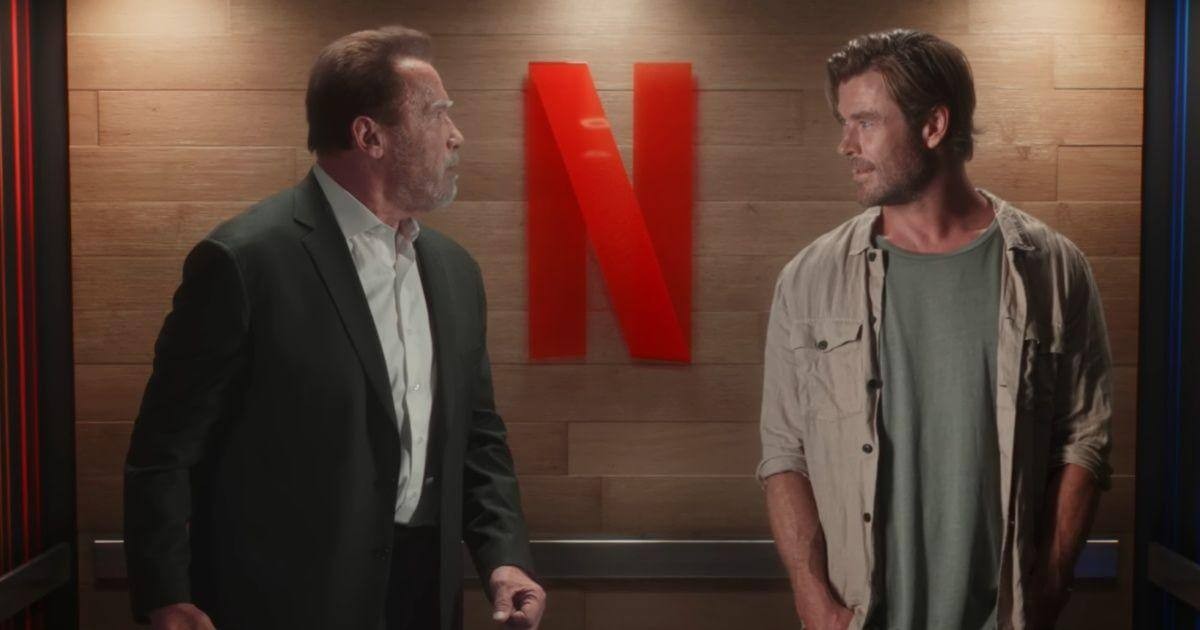 Arnold Schwarzenegger and Chris Hemsworth in Netflix's Elevator Ride video