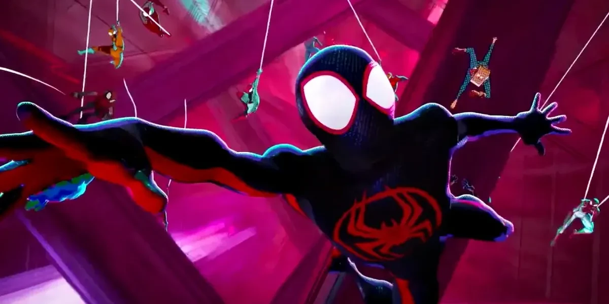 Miles Morales being chased by Spider-People in the movie