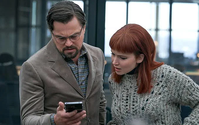 Leonardo DiCaprio and Jennifer Lawrence from a scene in Don't Look Up