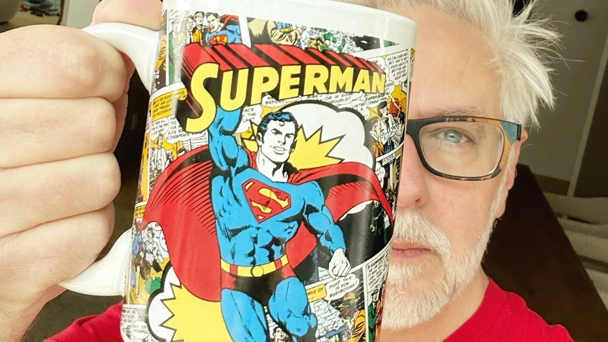 James Gunn along with his Superman coffee mug 