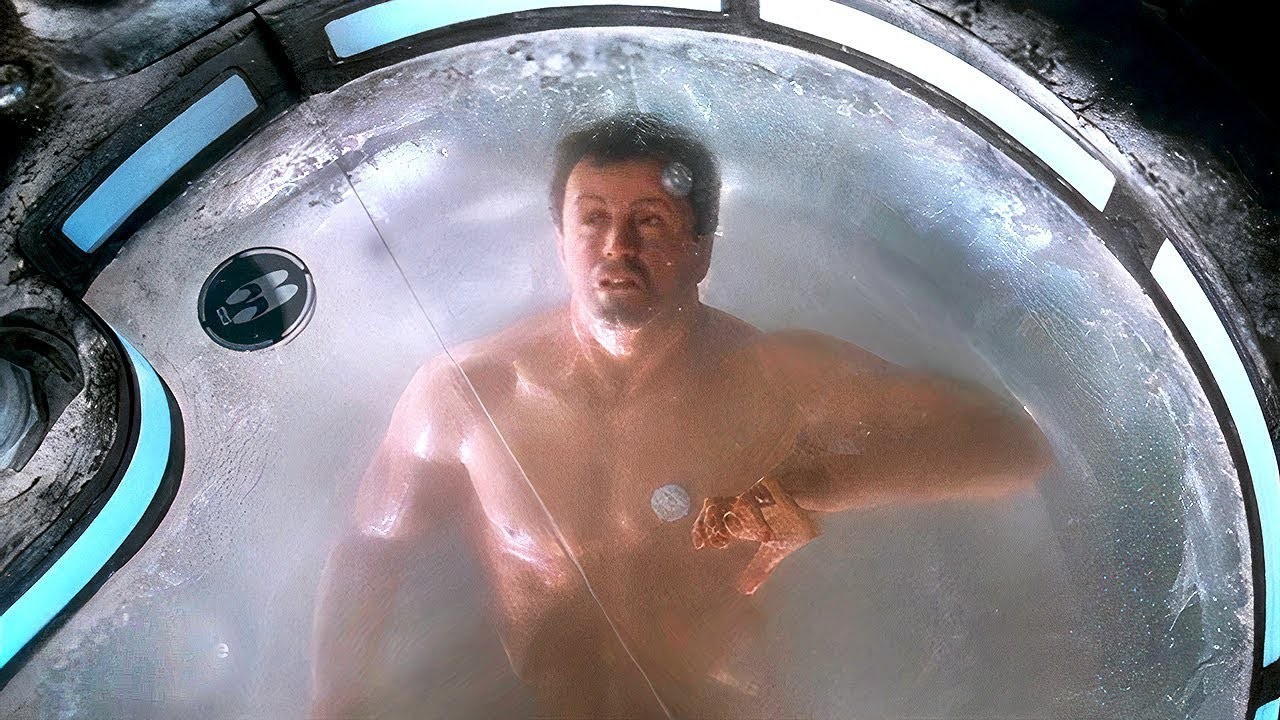 Sylvester Stallone in the cryogenic freezing scene