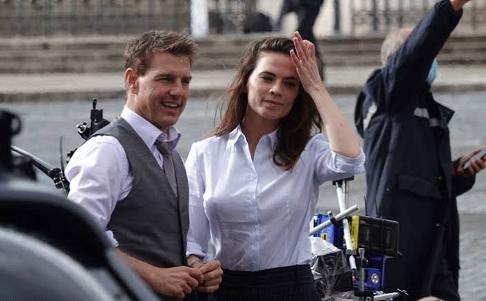 Hayley Atwell and Tom Cruise behind the scenes of Mission Impossible Dead Reckoning Part One