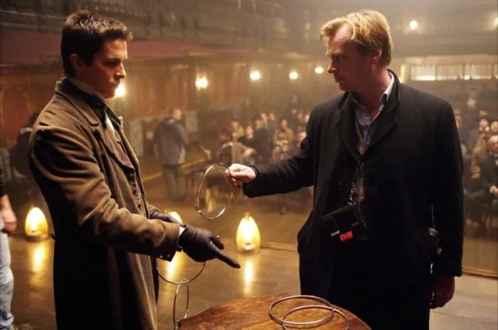 Christopher Nolan on set with Christian Bale while filming The Prestige