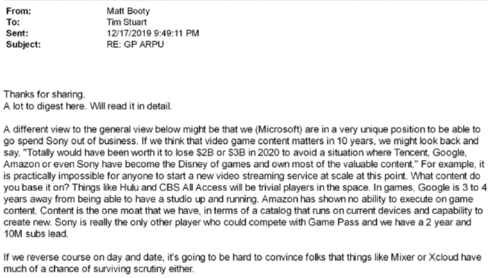 The email from the court case shows Xbox wants to prevent its competitors from holding too much power.