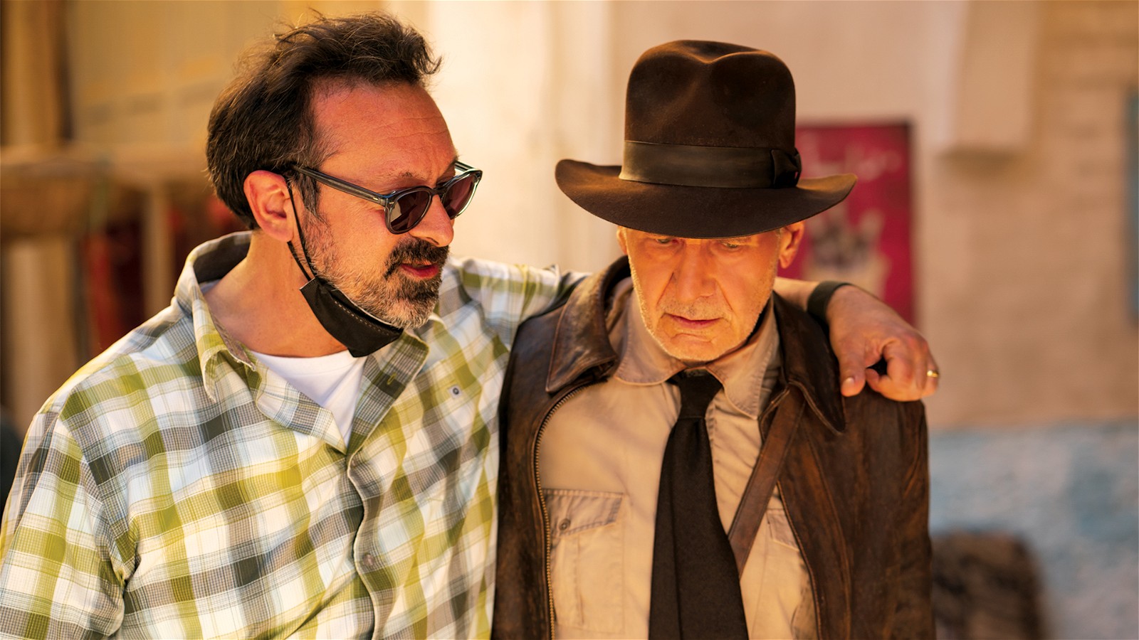 James Mangold and Harrison Ford on the set of Lucasfilm's Indiana Jones and the Dial of Destiny