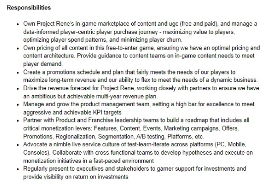 The job listing includes a litany of responsibilities related to monetizing The Sims 5.