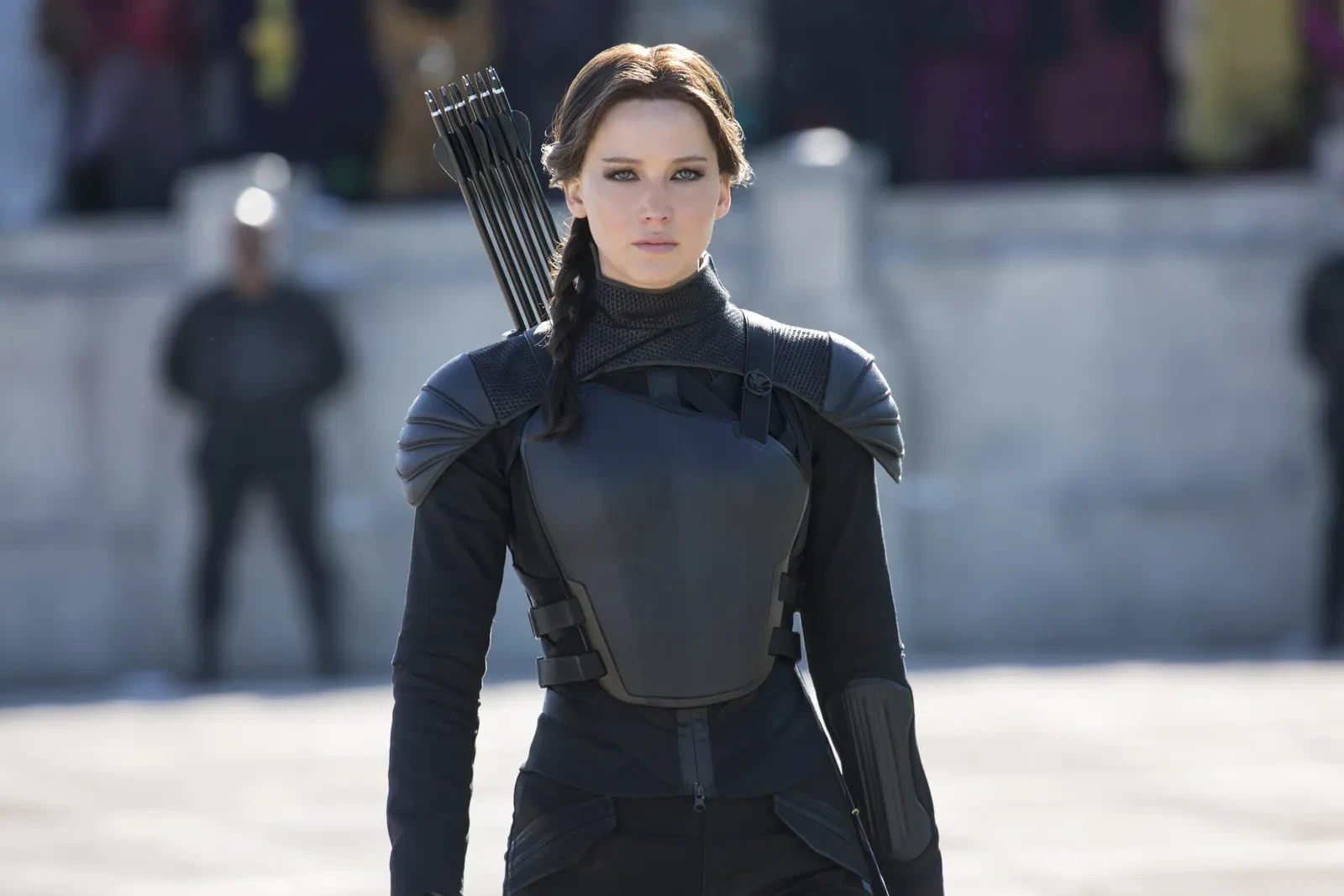 Jennifer Lawrence as Katniss Everdeen in The Hunger Games franchise.