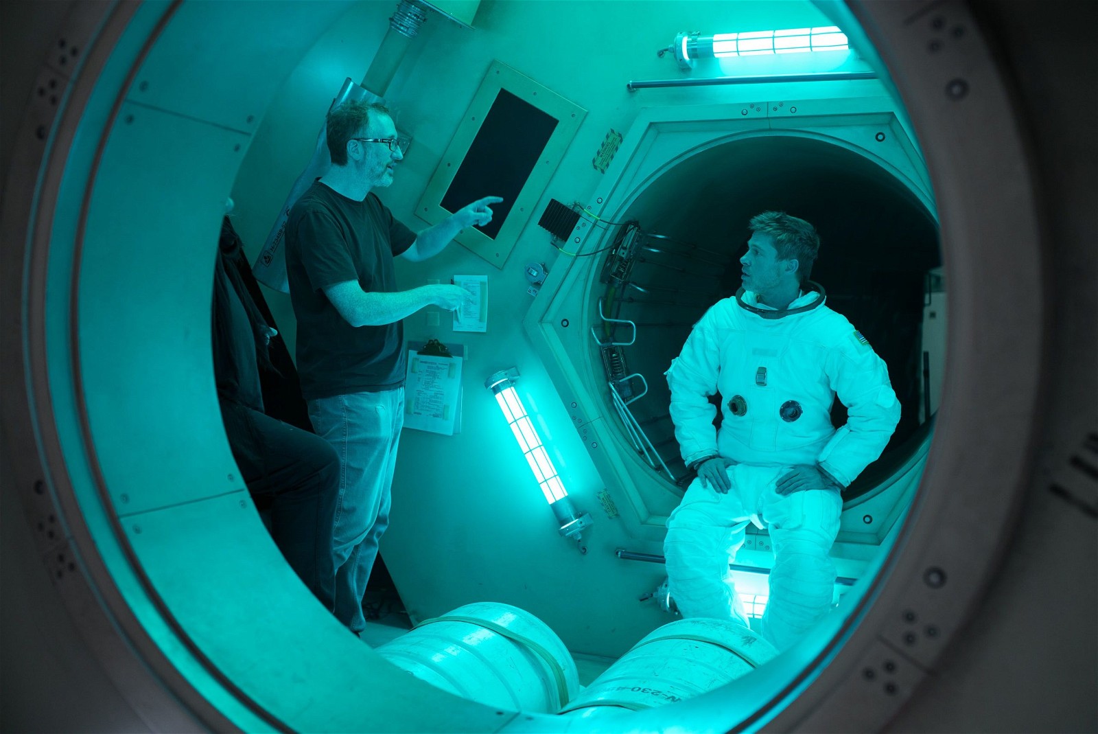 James Gray with Brad Pitt while filming Ad Astra