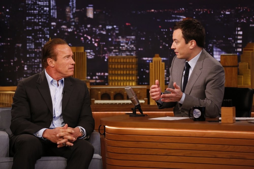 Arnold Schwarzenegger during an interview with host Jimmy Fallon
