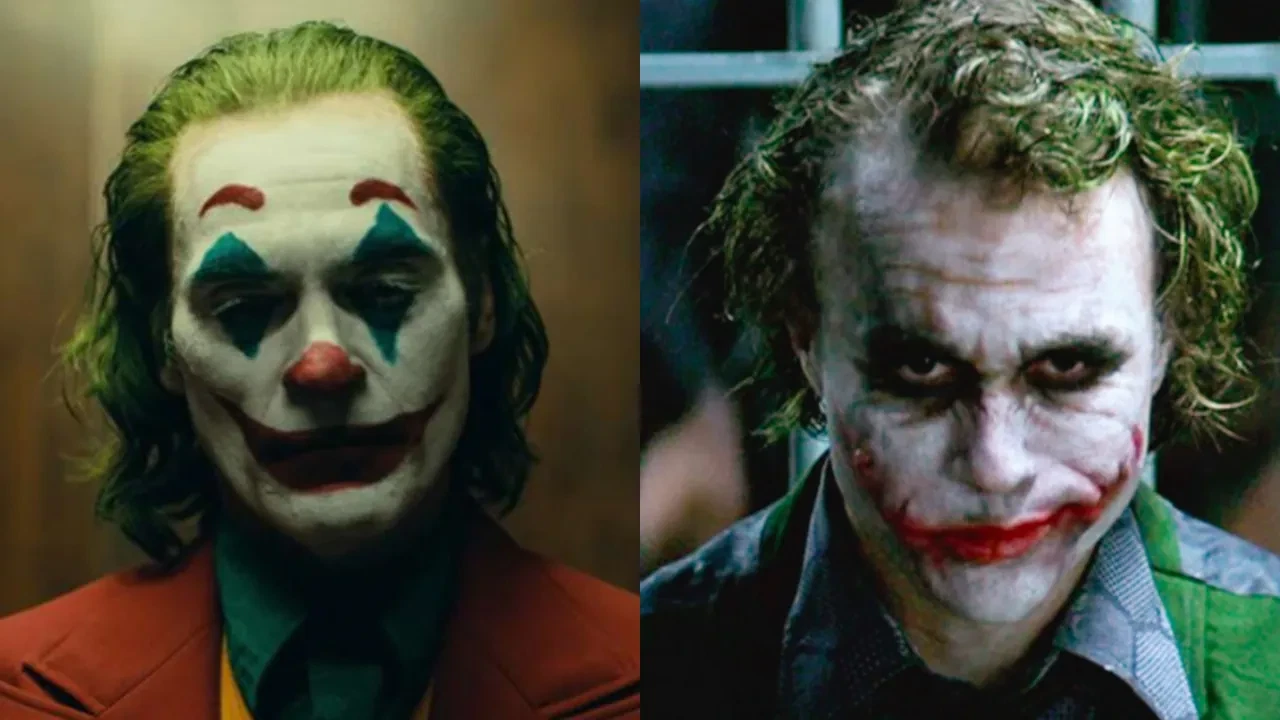 Joaquin Phoenix as Joker (left) and Heath Ledger's Joker (right)