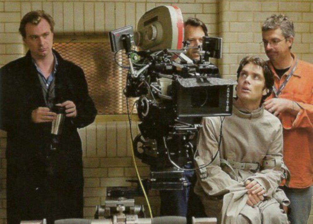 Cillian Murphy on the sets of Batman Begins with Christopher Nolan