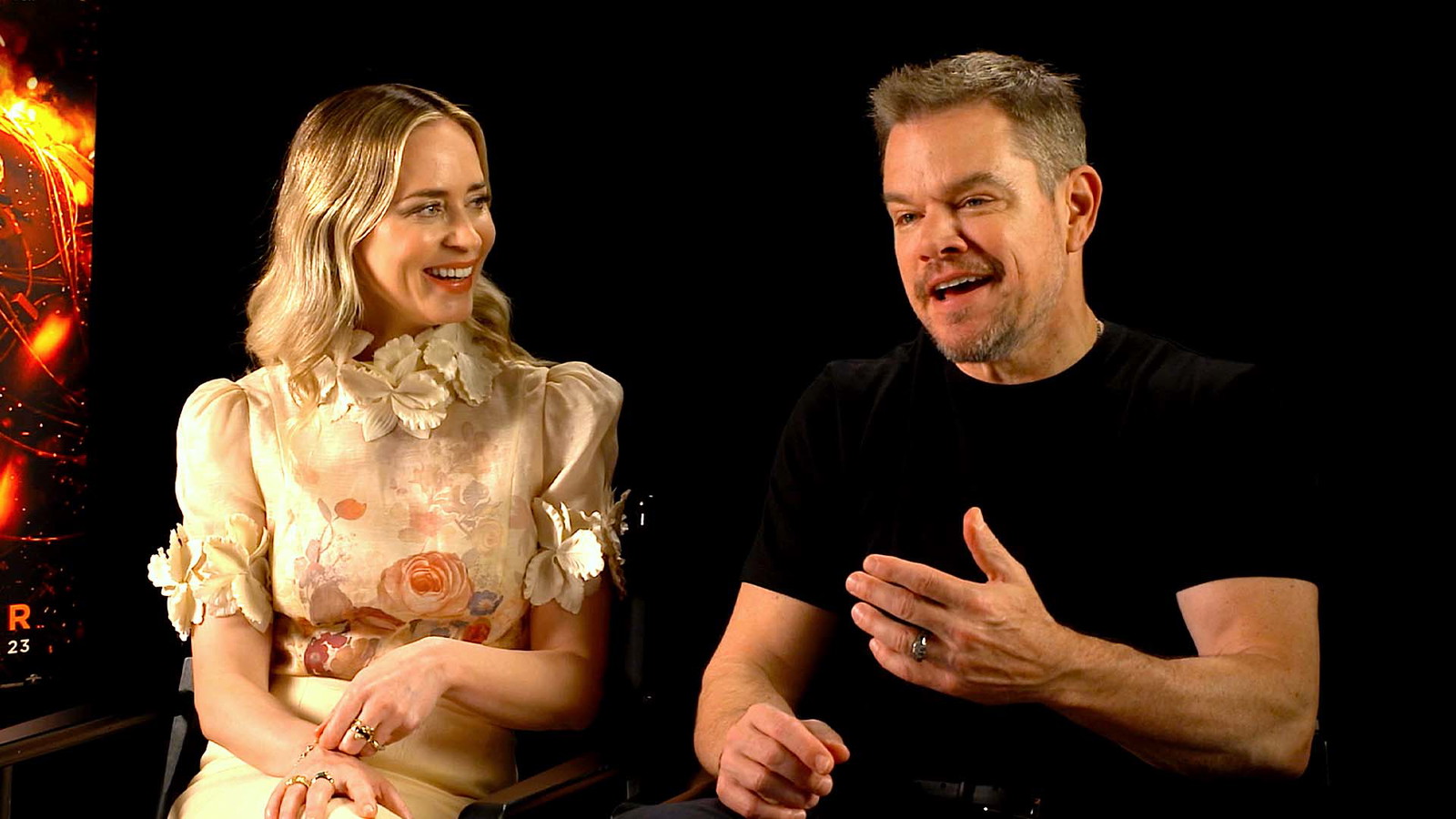 Emily Blunt and Matt Damon interviewing for Oppenheimer