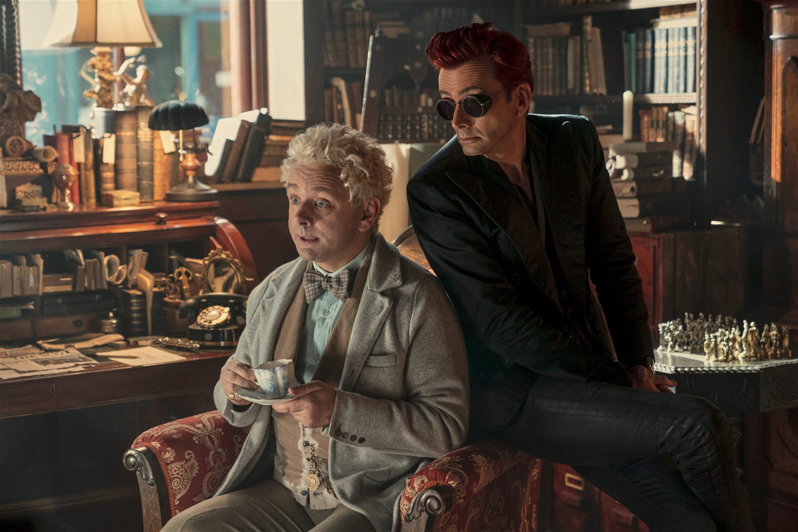 (L to R) Michael Sheen as Aziraphale and David Tennant as Crowley in Good Omens 2