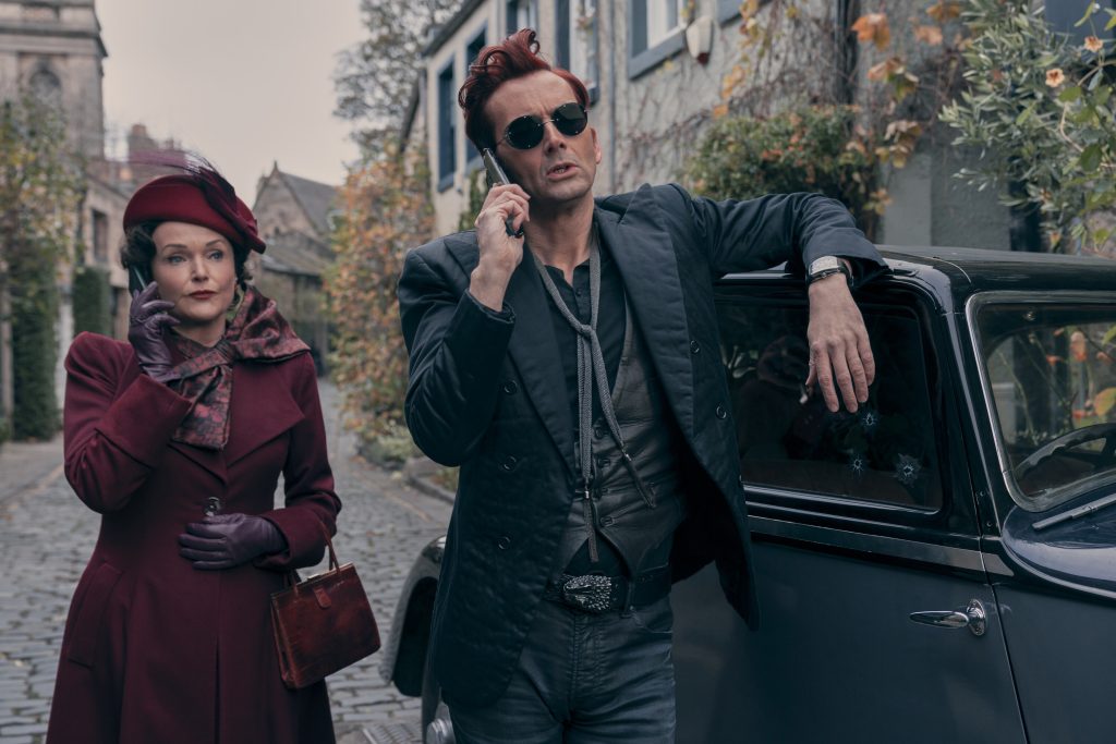 (L to R) Miranda Richardson as Shax and David Tennant as Crowle in Good Omens 2