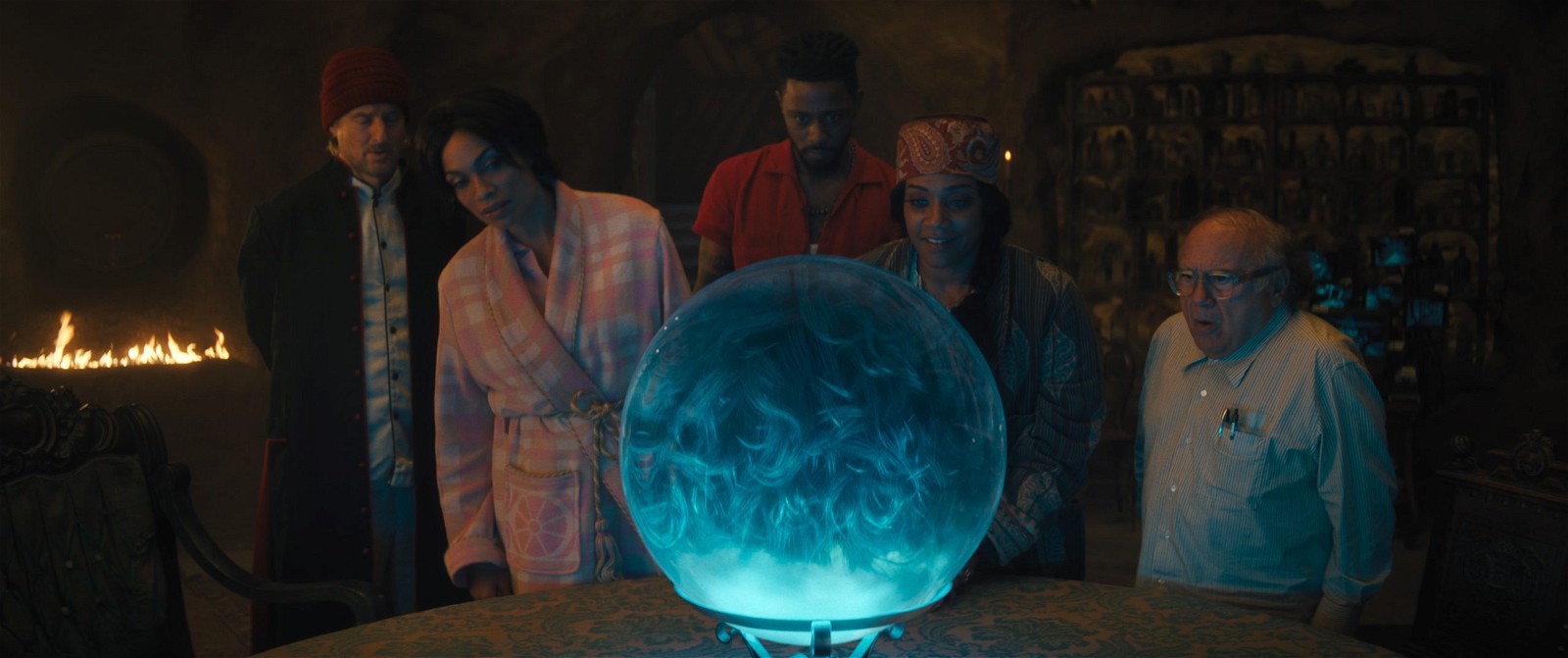 (L to R) Owen Wilson as Father Kent, Rosario Dawson as Gabbie, LaKeith Stanfield as Ben, Tiffany Haddish as Harriet, and Danny DeVito as Professor Bruce Davis in Haunted Mansion