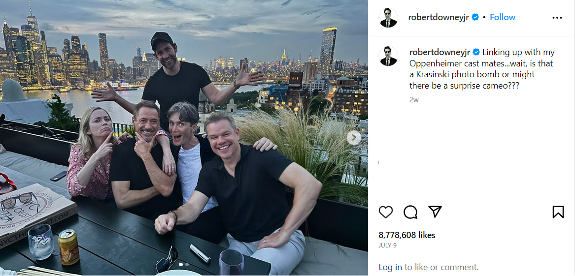 Robert Downey Jr's instagram post featuring Matt Damon, Cillian Murphy, Emily Blunt, and John Krasinski.