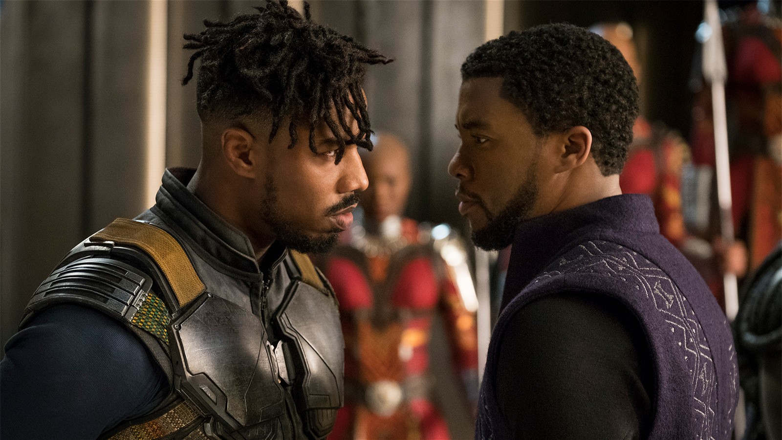 Chadwick Boseman and Michael B. Jordan in a still from Black Panther