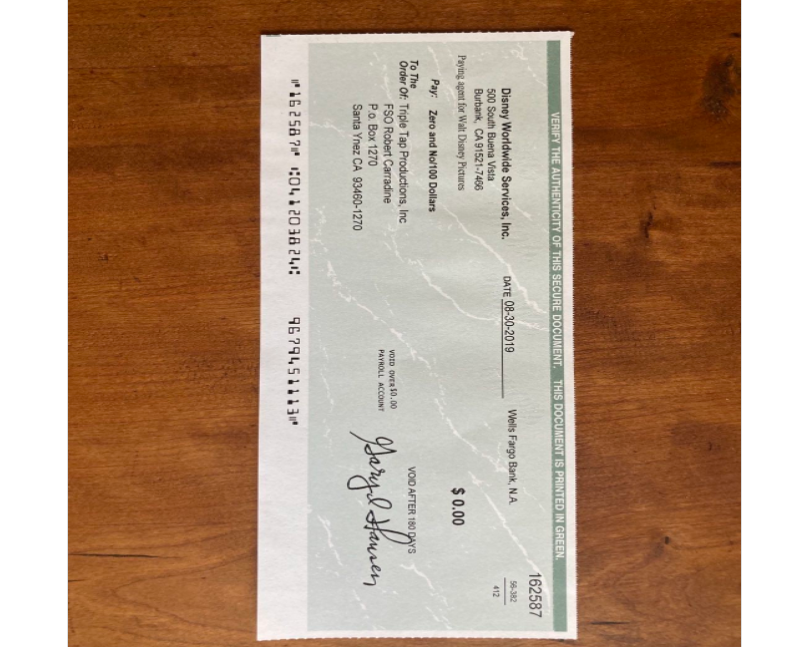 The check Disney 'paid' Robert Carradine