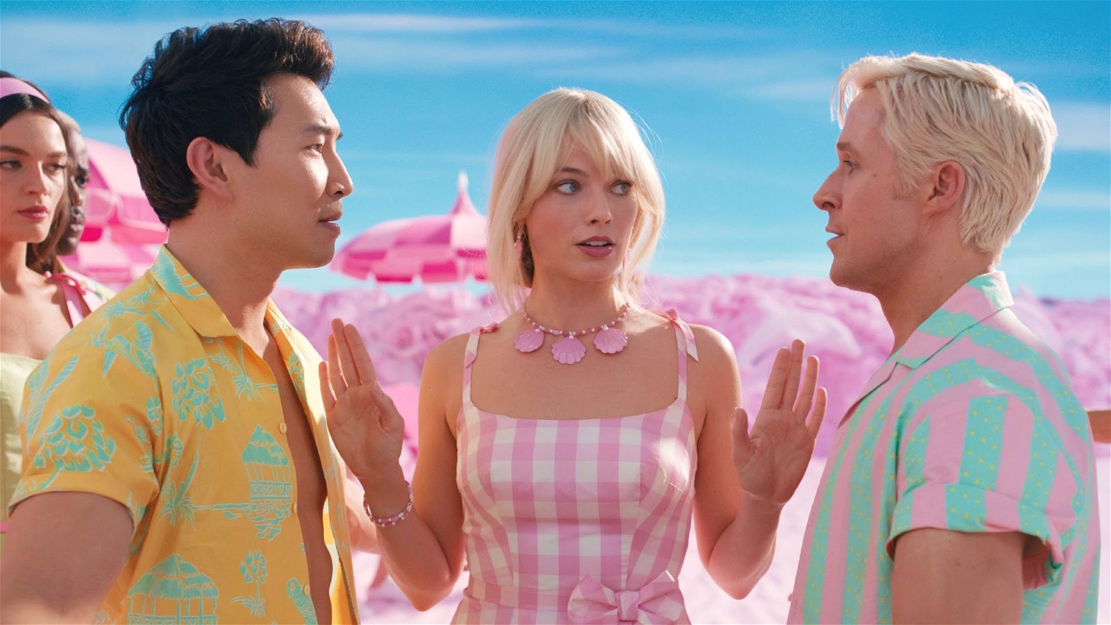 Simu Liu, Margot Robbie and Ryan Gosling as Barbie and Kens