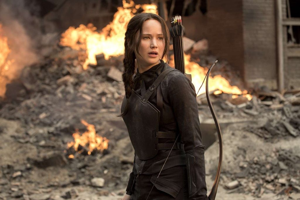 Jennifer Lawrence as Katniss Everdeen in The Hunger Games (2012).