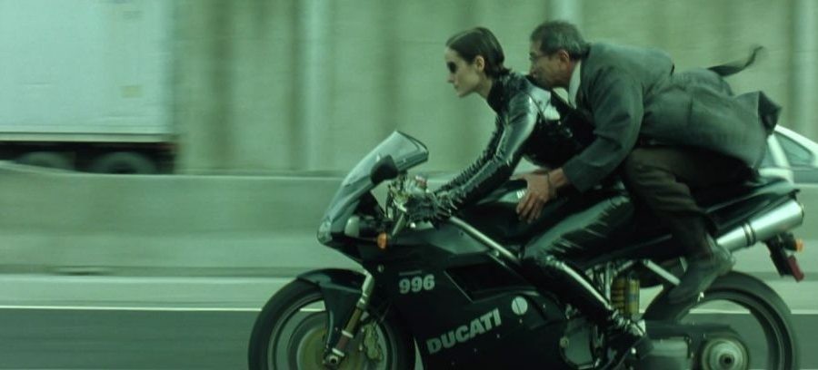 A still from the iconic bike chase scene in The Matrix Reloaded (2003)
