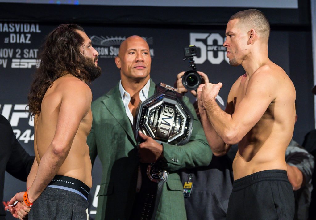 Jorge Masvidal, Dwayne Johnson, and Nate Diaz before UFC 244