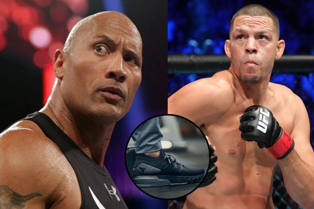 Left: Dwayne Johnson AKA The Rock; Right: Nate Diaz; Center: UFC's 'Project Rock' shoes