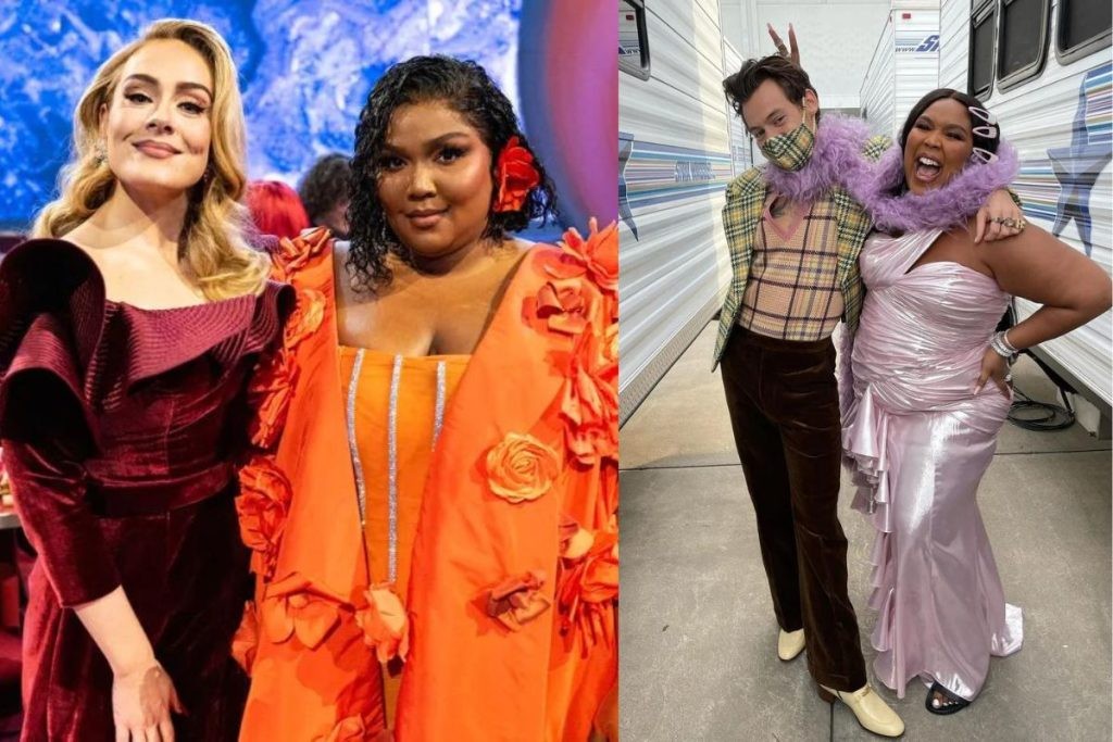 Left- Lizzo and Adele; Right- Lizzo and Harry Styles