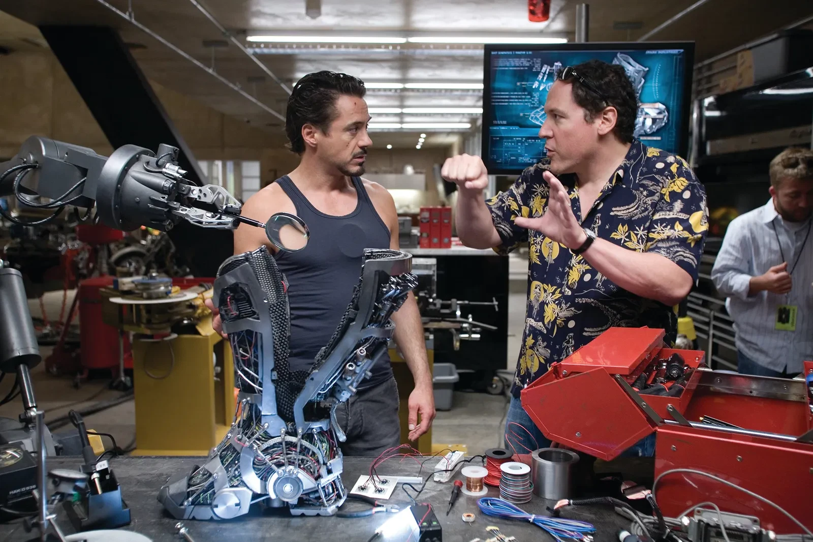 Jon Favreau and Robert Downey Jr on the set of Iron Man