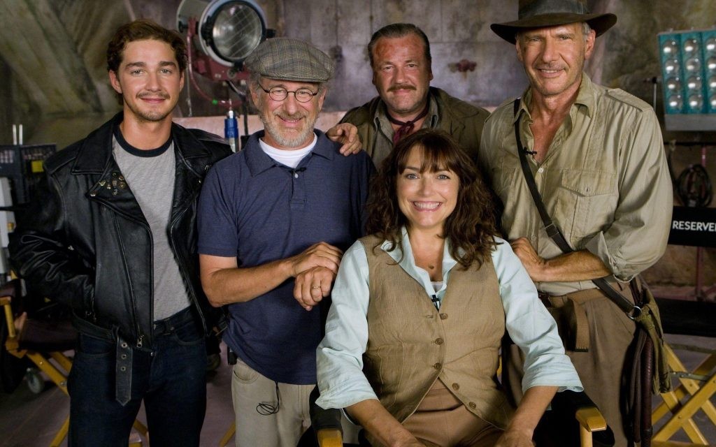Shia LaBeouf with Steven Spielberg and the rest of the Kingdom of the Crystal Skull cast