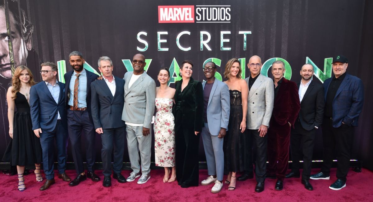 Samuel L Jackson with his Secret Invasion co-stars and Kevin Feige