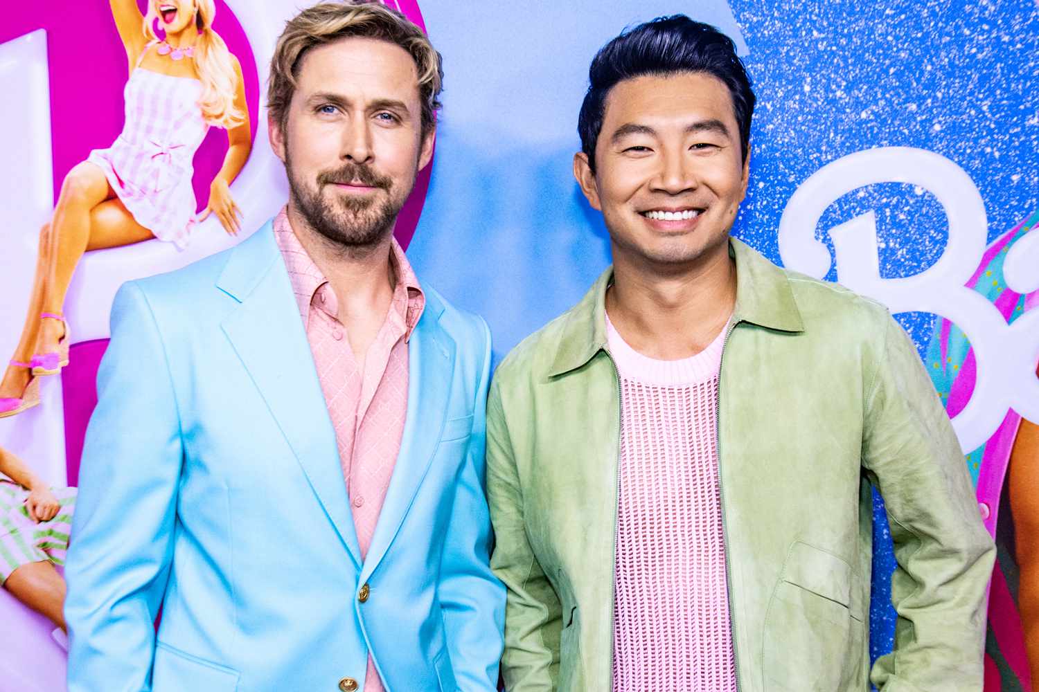 Ryan Gosling and Simu Liu in a press event for Barbie