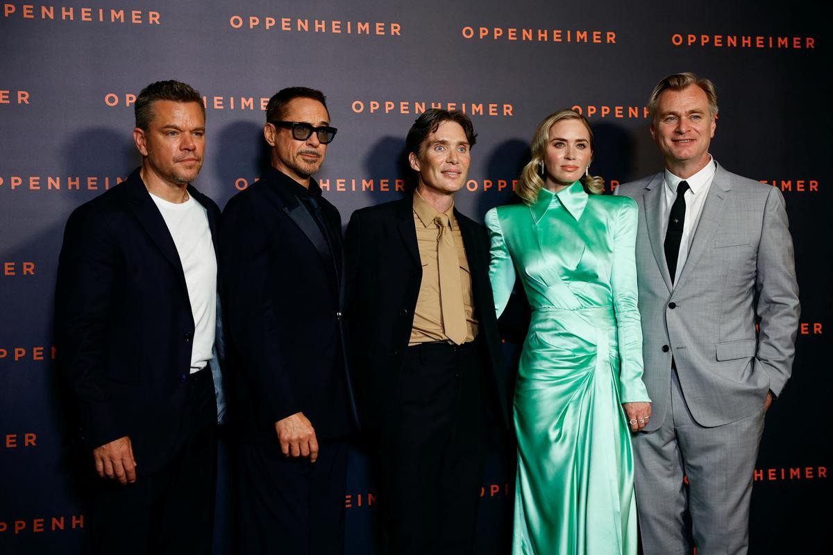 Oppenheimer director Christopher Nolan, with cast members Matt Damon, Robert Downey Jr., Cillian Murphy and Emily Blunt