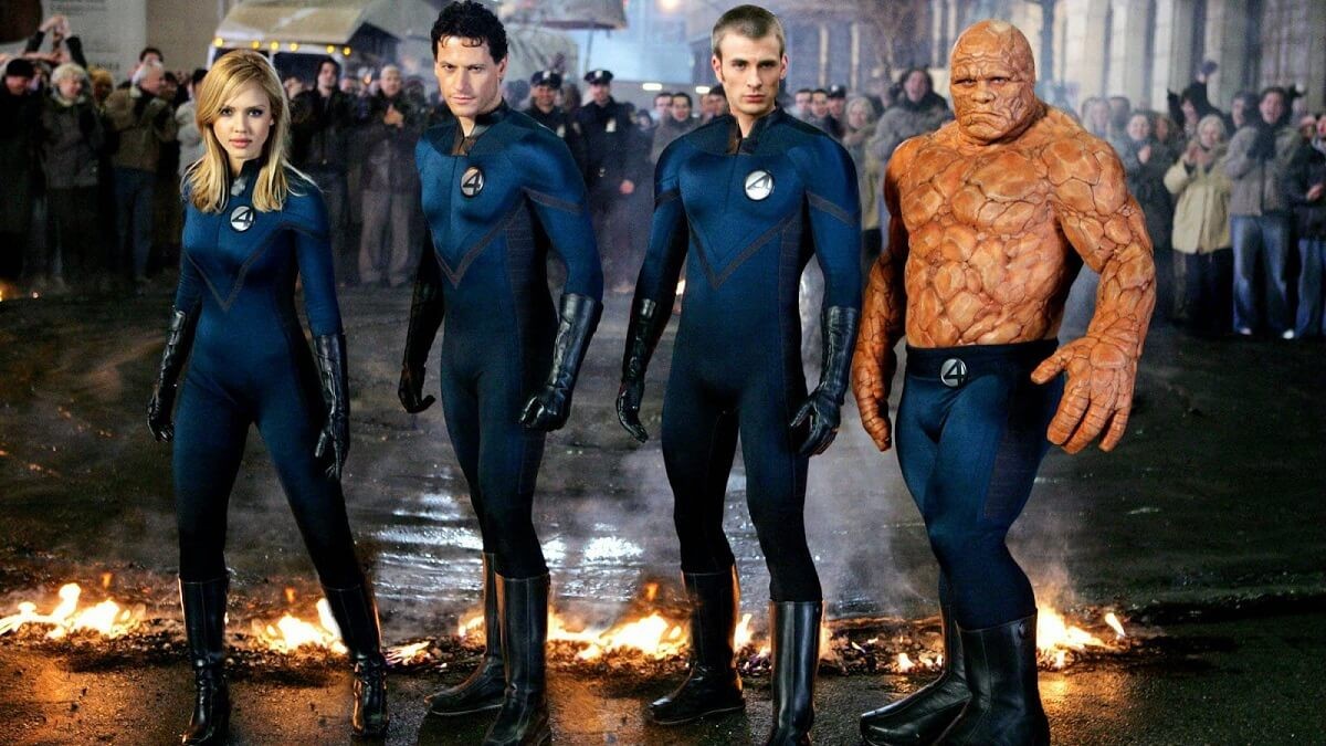 Jessica Alba as Sue Storm / Invisible Woman, Ioan Gruffudd as Reed Richards / Mister Fantastic, Chris Evans as Johnny Storm / Human Torch, and Michael Chiklis as Ben Grimm / The Thing in Fantastic Four